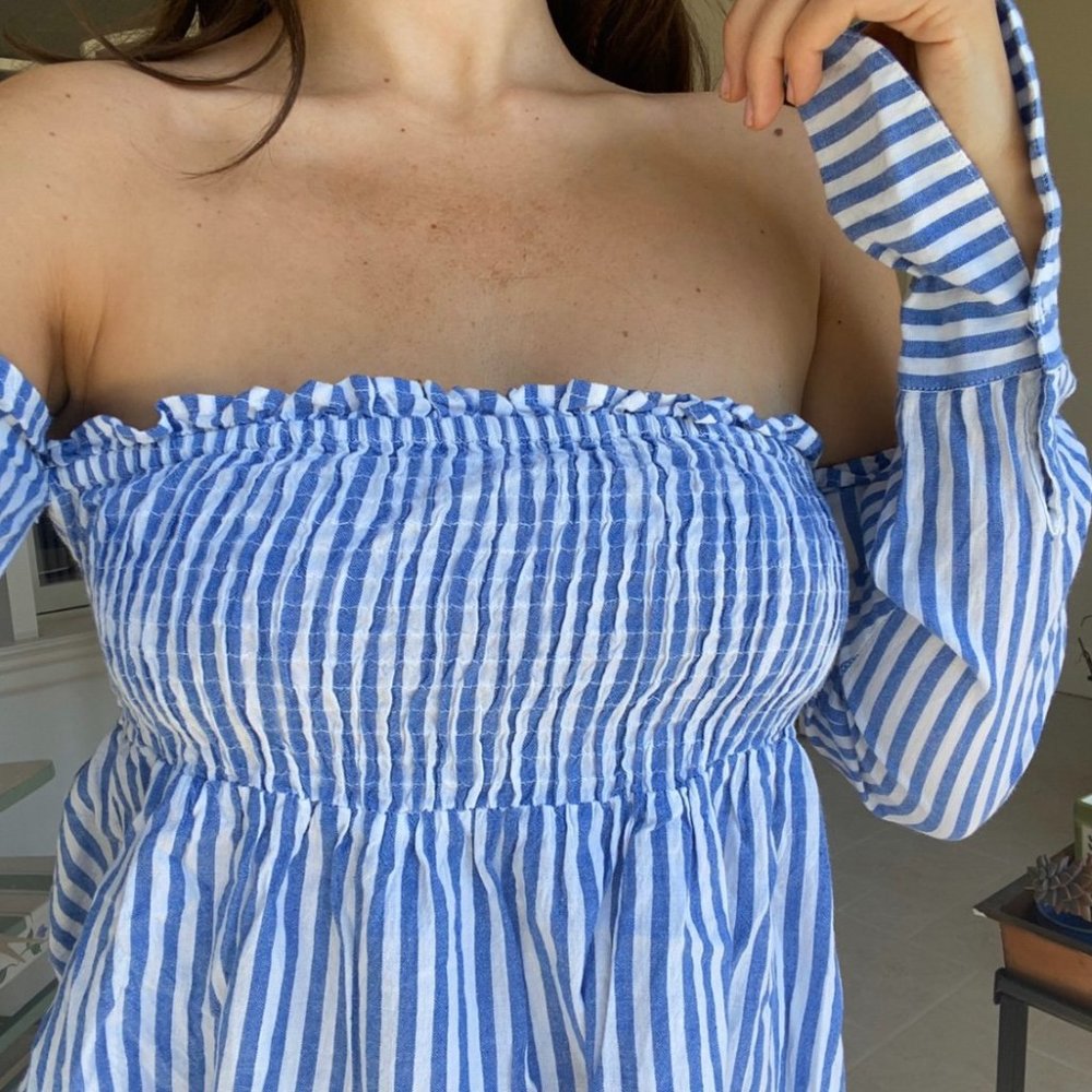 Pinstripe Off-Shoulder Top - Picture 2 of 6